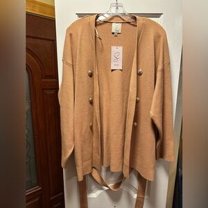 NWOT: Women’s camel colored XL cardigan with waist band